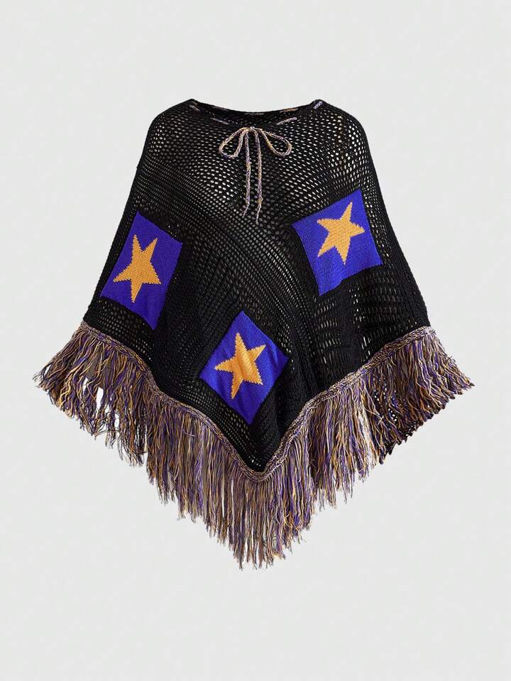 Plus Size Autumn/Winter Hippie Mysterious Star Tassel Design Knitted Poncho