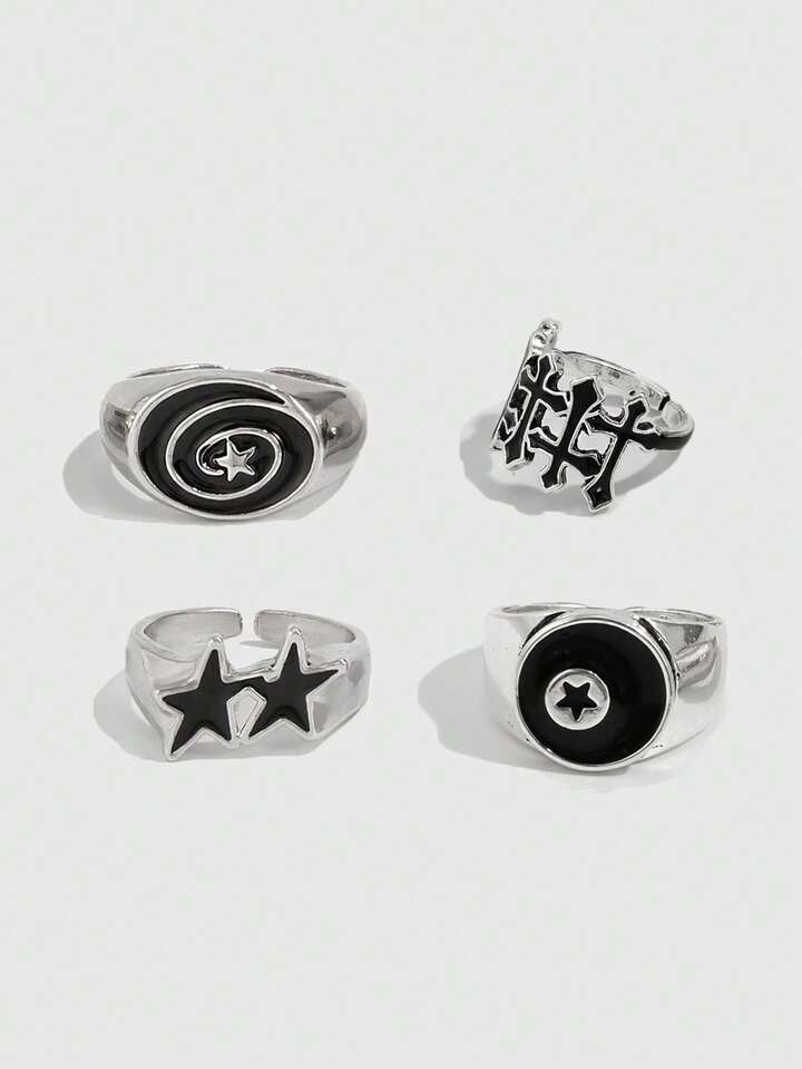 Goth 4pcs/Set, Fashionable Casual Punk Star Cross Rings, Couples Jewelry, Holiday Gift