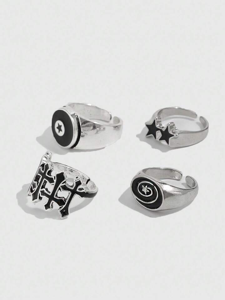 Goth 4pcs/Set, Fashionable Casual Punk Star Cross Rings, Couples Jewelry, Holiday Gift