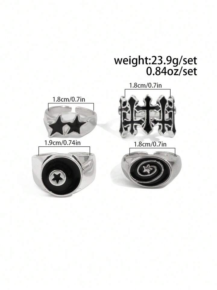 Goth 4pcs/Set, Fashionable Casual Punk Star Cross Rings, Couples Jewelry, Holiday Gift 4 Goth 4pcs/Set, Fashionable Casual Punk Star Cross Rings, Couples Jewelry, Holiday Gift