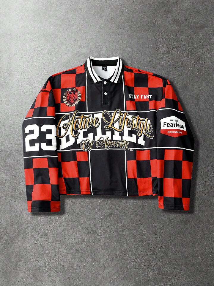 Men's Pullover Pullover Sweatshirt, Street American Daily Checkerboard Print Polo Sweatshirt