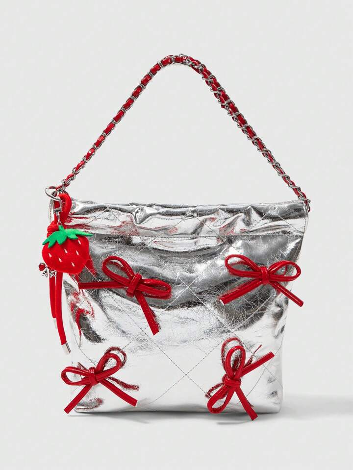 Kawaii Fashionable Shiny PU Color-Blocking Bow Decor Drawstring Shoulder Bag For Women