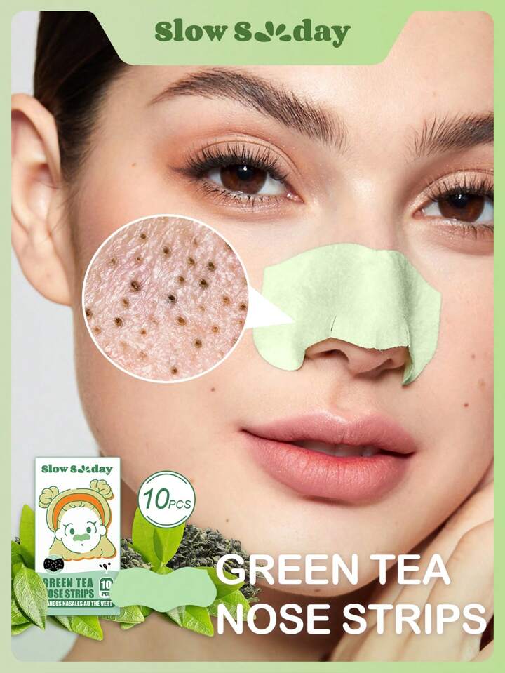 SlowSunday Green Tea Blackhead Remover Pore Strips, Deep Cleansing Nose Strips For Blackhead Removal And Pore Unclogging, Oil Control, 10 Pcs, For Valentine's Day, Valentines Gift, Valentines Day Gift, Ideal For Party