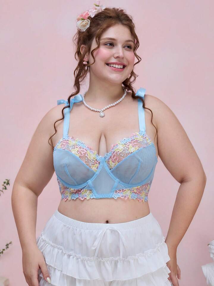 Sweetness Plus Size Floral Embroidery Steel Boned Lace-Up Lingerie Bra