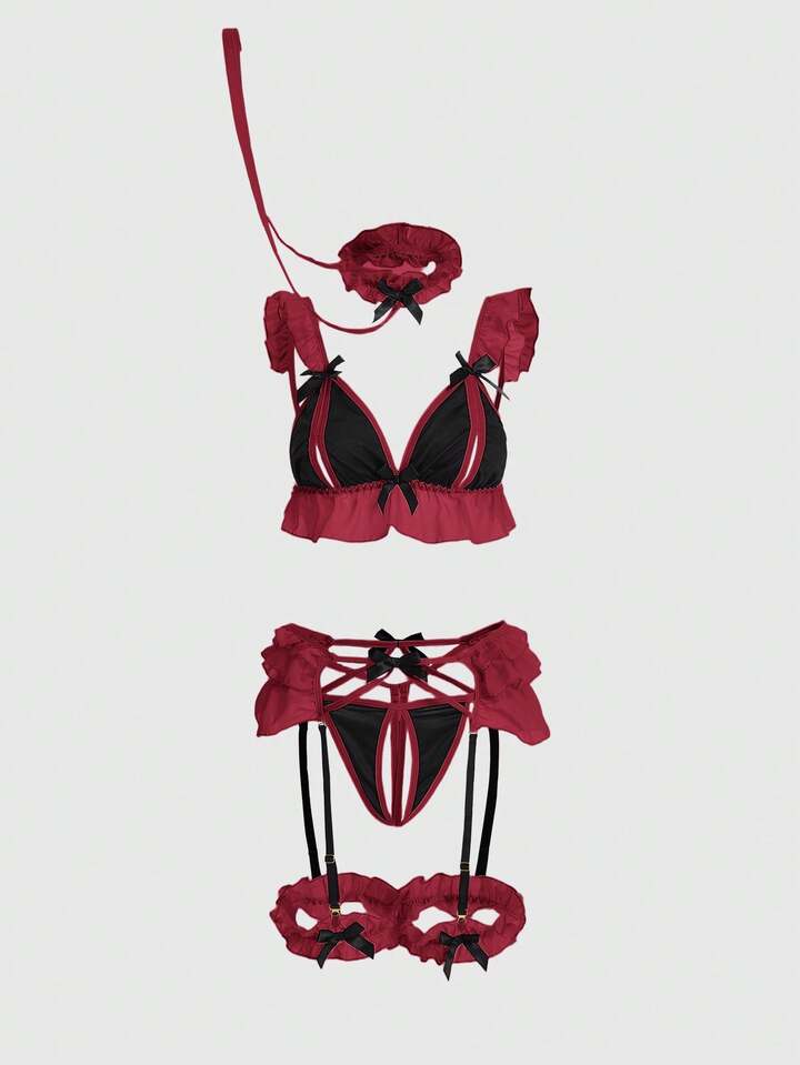 Kawaii 6pcs Cute Colorblock Hollow Out Frill Trim Sexy Lingerie Set, For Valentine's Day