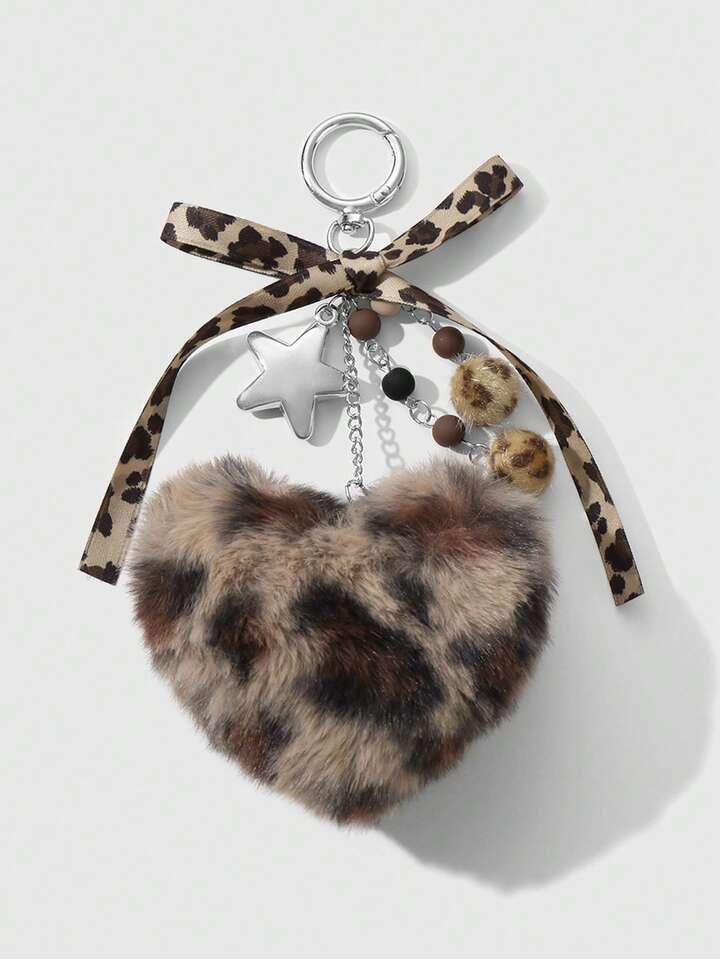 Kawaii 1pc Fashionable Retro Personalized Acrylic Star Flower Brown Faux Fur Leopard Bow Heart DIY Keychain Bag Charm, Suitable For Women, Daily Wear, Holiday Gift