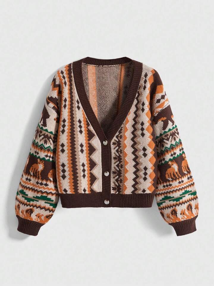 Fairycore Plus Size Casual Versatile Retro Retro Pattern Bear & Fox Graphic Knitted Cardigan, Autumn/Winter