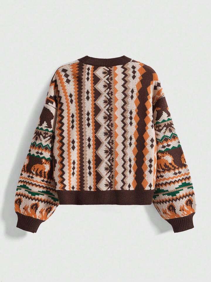Fairycore Plus Size Casual Versatile Retro Retro Pattern Bear & Fox Graphic Knitted Cardigan, Autumn/Winter