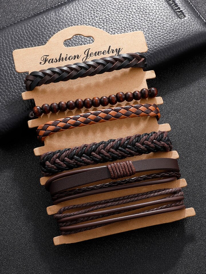 6pcs Guys PU Polyurethane Braided Bracelet