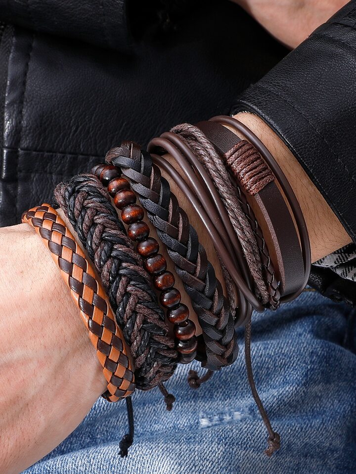 6pcs Guys PU Polyurethane Braided Bracelet