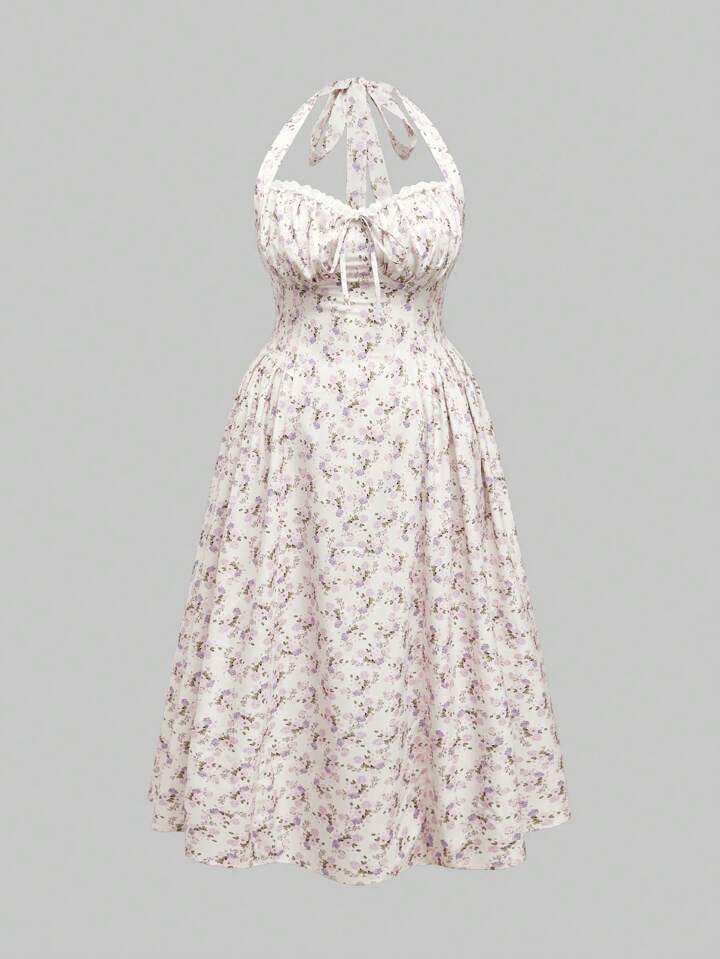 Kawaii Plus Size Women Ditsy Floral Lacing Front Tie Neck Vacation Midi Dress