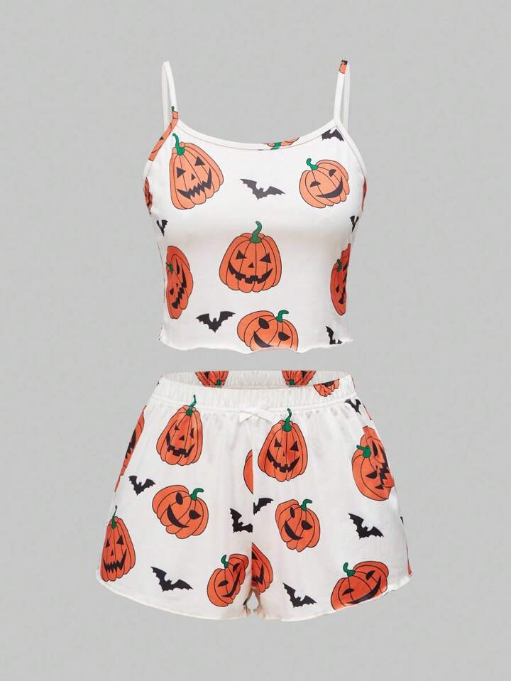 Gothic Halloween Pumpkin & Bat Print Camisole & Shorts Pajama Set