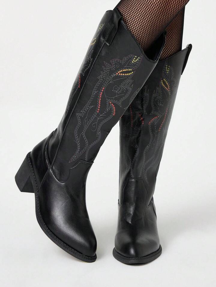 Black Western Boots, Slip-On Embroidered Tall Boots, Leather Motorcycle Knee-High Boots, Chunky Heel Knee-High Boots, Western Boots For Women, Mid-Calf Boots