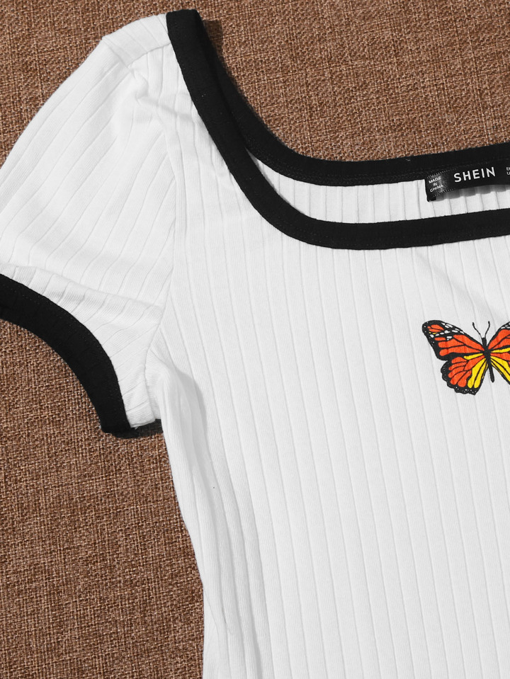 Butterfly Print Ringer Bodysuit