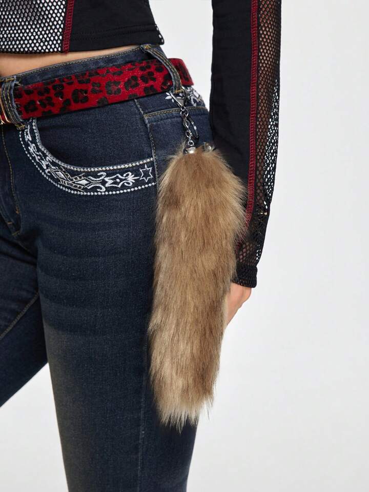 Grunge Punk 1pc Retro Elegant Minimalist Versatile High-Quality Glittery Brown Faux Fur Animal Tail Keychain & Bag Charm, Suitable For Women/Girls, Ideal Gift For Daily Wear Or Festivals