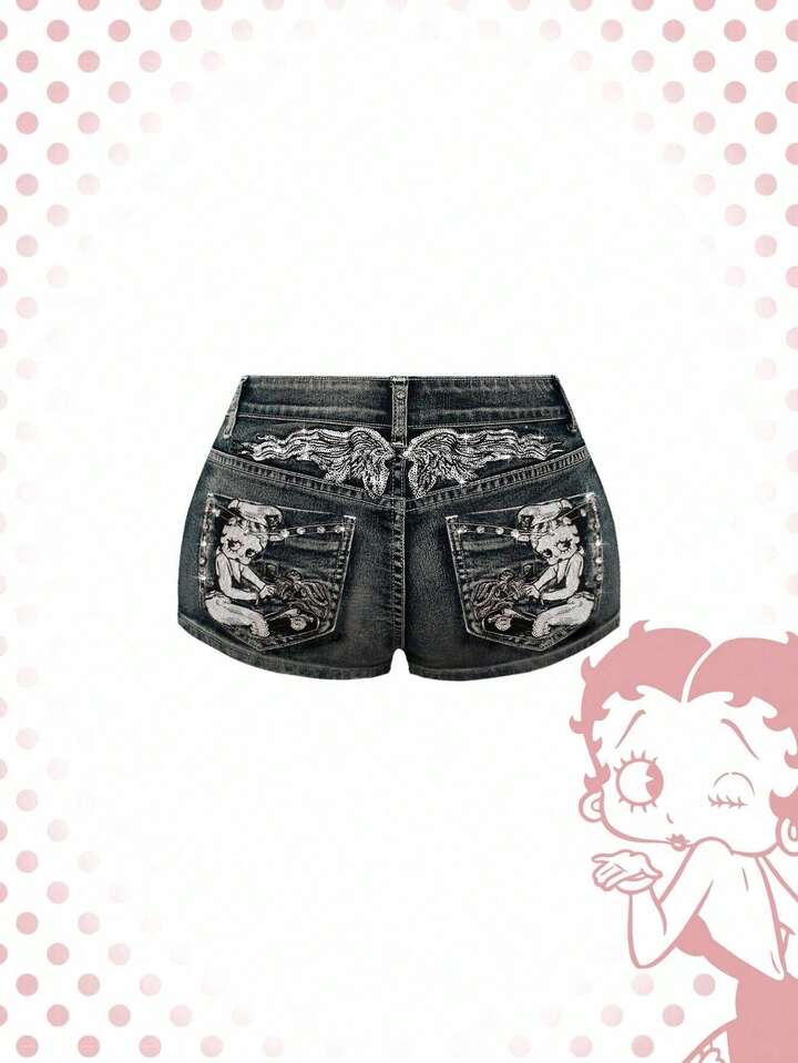 Betty Boop | ROMWE Women's Vintage Y2K Punk Style Low Waist Super Short Pistol Embroidered Denim Shorts