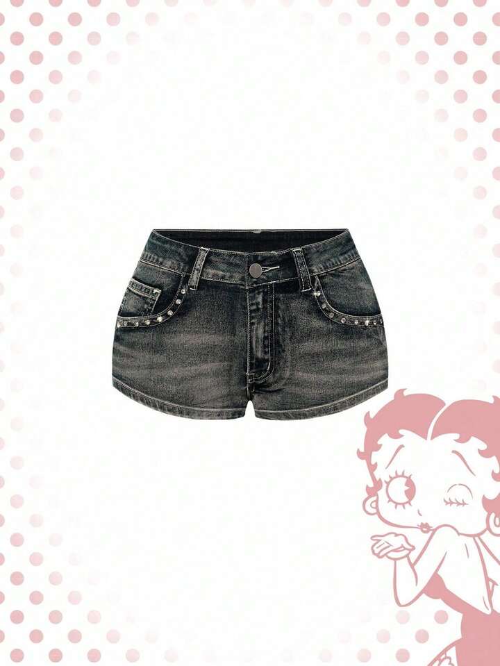 Betty Boop | ROMWE Women's Vintage Y2K Punk Style Low Waist Super Short Pistol Embroidered Denim Shorts 2 Betty Boop | ROMWE Women's Vintage Y2K Punk Style Low Waist Super Short Pistol Embroidered Denim Shorts