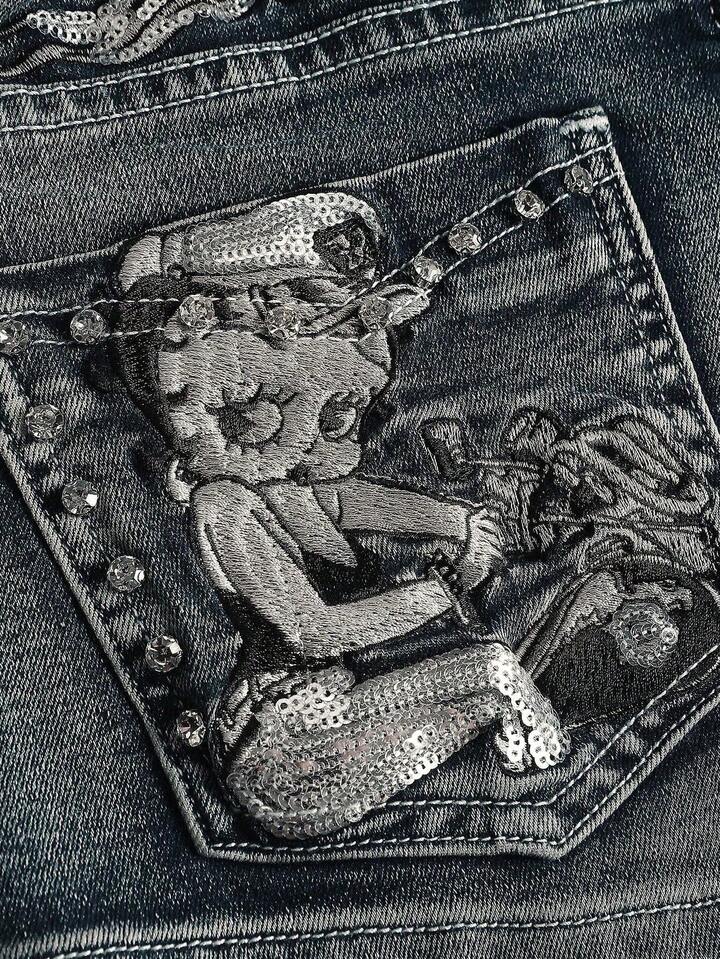 Betty Boop | ROMWE Women's Vintage Y2K Punk Style Low Waist Super Short Pistol Embroidered Denim Shorts 4 Betty Boop | ROMWE Women's Vintage Y2K Punk Style Low Waist Super Short Pistol Embroidered Denim Shorts