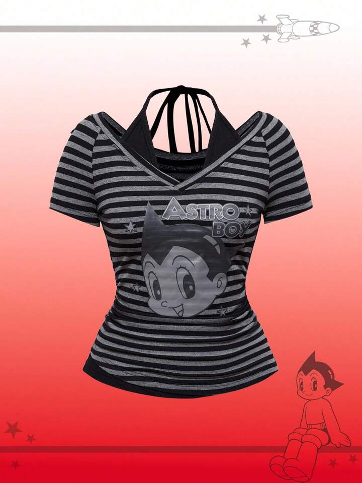 Astro Boy X ROMWE Women Retro Striped Print 2 In 1 Tight T-Shirt