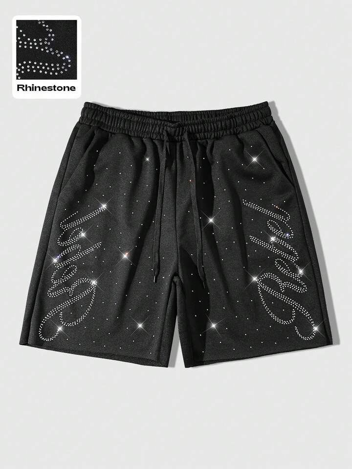 Men's Casual Letter Rhinestone Decor Drawstring Waist Shorts