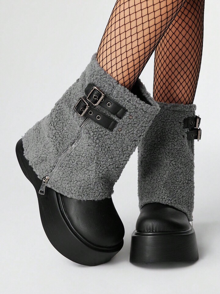 Grunge Punk Black Furry Boots With Side Zipper, Belt Buckle, Rock Punk Goth Ankle Boots, Slip-On Short Tube Boots With Buckle Zipper, Platform Thick Sole Mid-Calf Boots, Casual Dark Punk Campus Wear
