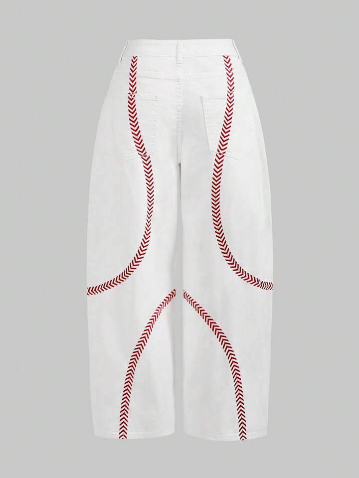 ROMWE Avant Women's Loose Fit Low Waist White Jeans With Red Embroidered Graphic 2 ROMWE Avant Women's Loose Fit Low Waist White Jeans With Red Embroidered Graphic