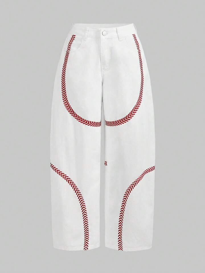 ROMWE Avant Women's Loose Fit Low Waist White Jeans With Red Embroidered Graphic 3 ROMWE Avant Women's Loose Fit Low Waist White Jeans With Red Embroidered Graphic