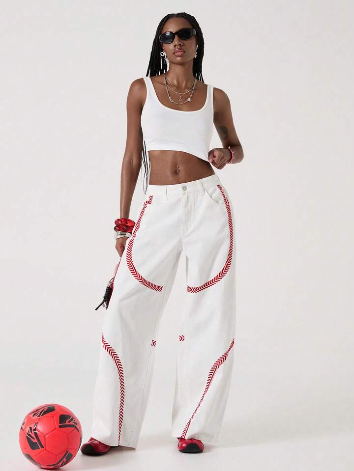 ROMWE Avant Women's Loose Fit Low Waist White Jeans With Red Embroidered Graphic 4 ROMWE Avant Women's Loose Fit Low Waist White Jeans With Red Embroidered Graphic