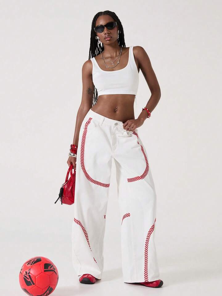 ROMWE Avant Women's Loose Fit Low Waist White Jeans With Red Embroidered Graphic 5 ROMWE Avant Women's Loose Fit Low Waist White Jeans With Red Embroidered Graphic