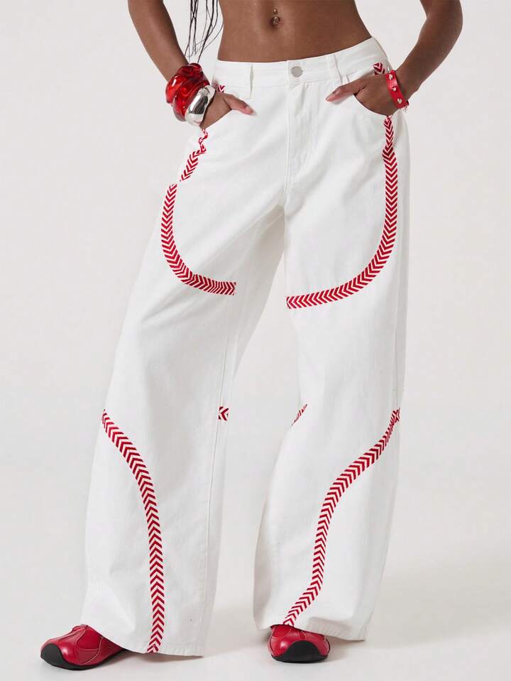 ROMWE Avant Women's Loose Fit Low Waist White Jeans With Red Embroidered Graphic 6 ROMWE Avant Women's Loose Fit Low Waist White Jeans With Red Embroidered Graphic