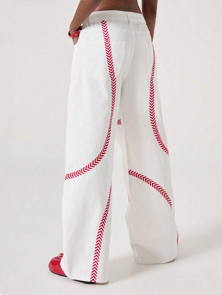 ROMWE Avant Women's Loose Fit Low Waist White Jeans With Red Embroidered Graphic 7 ROMWE Avant Women's Loose Fit Low Waist White Jeans With Red Embroidered Graphic