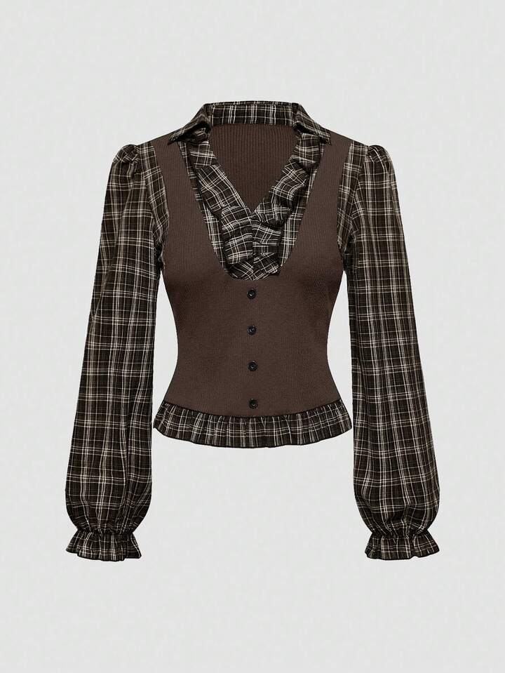 Back To School Vintage Gothic Plaid Patchwork Long Sleeve Shirt Blouse For Women