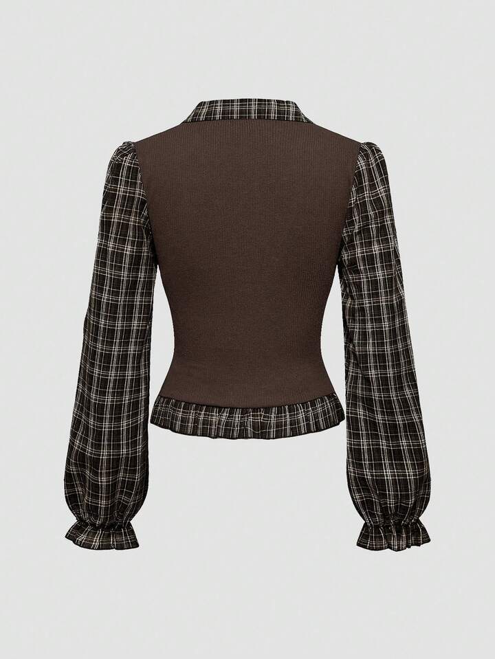Back To School Vintage Gothic Plaid Patchwork Long Sleeve Shirt Blouse For Women