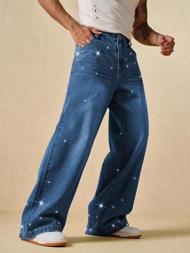 Street Life Loose Straight Comfortable Rhinestone Pocket Casual Jeans