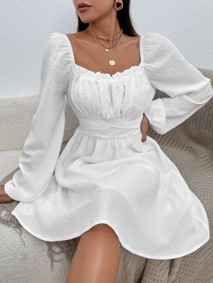 Bishop Sleeve Frill Trim Knot Back Milkmaid Dress Fall Cloth For Women
