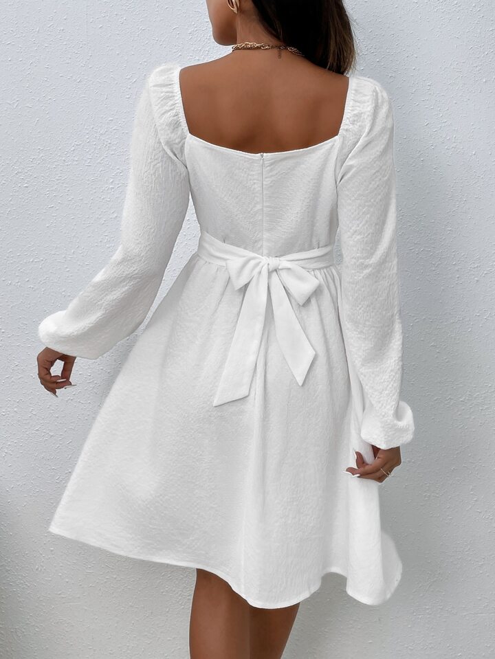 Bishop Sleeve Frill Trim Knot Back Milkmaid Dress Fall Cloth For Women
