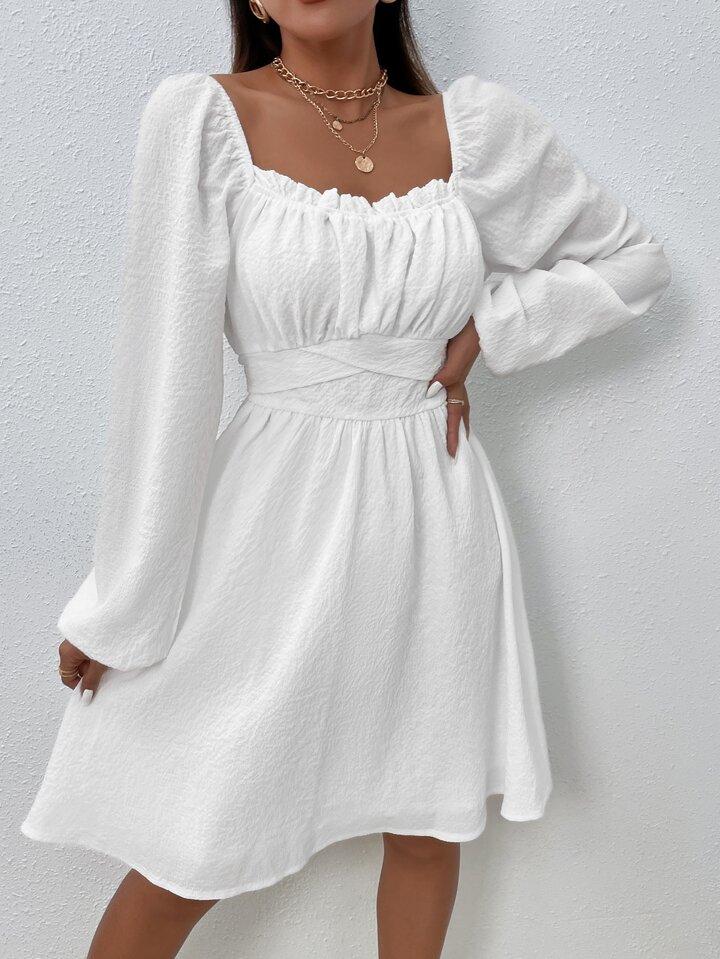 Bishop Sleeve Frill Trim Knot Back Milkmaid Dress Fall Cloth For Women