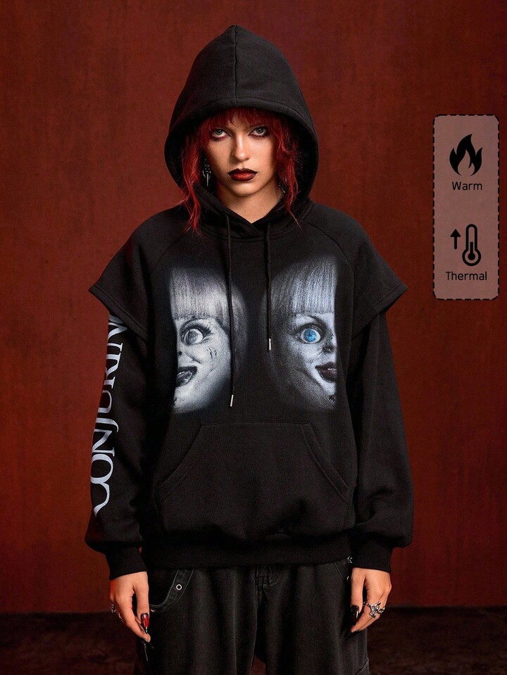 The Conjuring X ROMWE Women's Casual Dark Figure Graphic & Letter Graphic Drawstring Hooded 2-In-1 Sweatshirt, Spring/Autumn