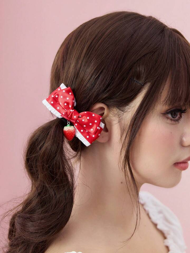 1 Pair Red Cute Sweet Lace Bow Polka Dot Strawberry Print Decorative Hair Clips, Fashionable Minimalist Kawaii Design For Women, Suitable For Daily, School, Date, Shopping Outfits
