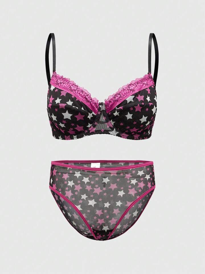 J-Fashion Shibuya Gal Five-Pointed Star & Lace Patchwork Sexy Mesh Lingerie Set