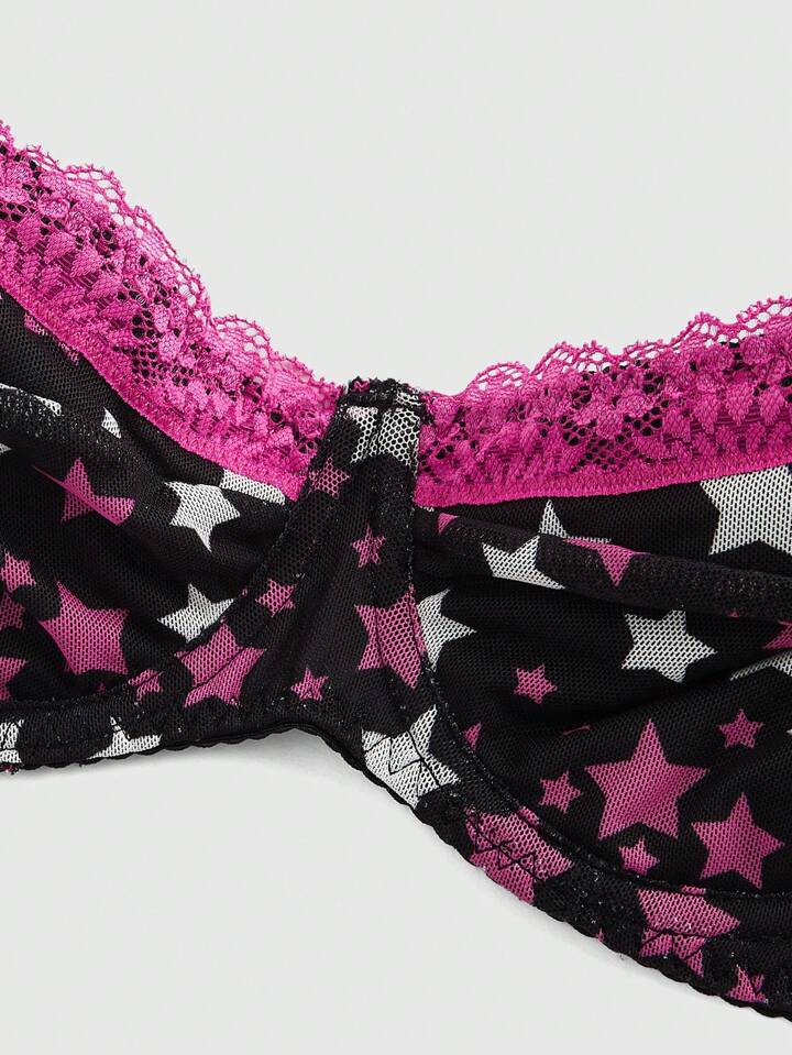 J-Fashion Shibuya Gal Five-Pointed Star & Lace Patchwork Sexy Mesh Lingerie Set
