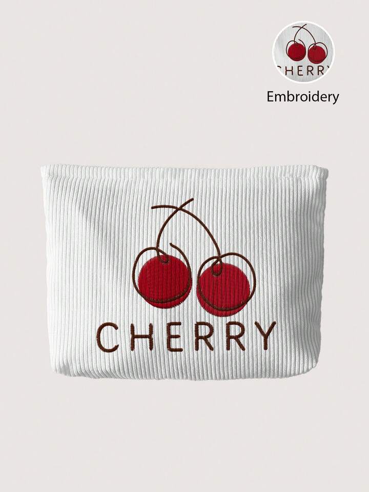 Kawaii Embroidered Cherry Cartoon Velvet Zipper Makeup Bag, Lightweight And Multifunctional Lined Cosmetic Storage Bag