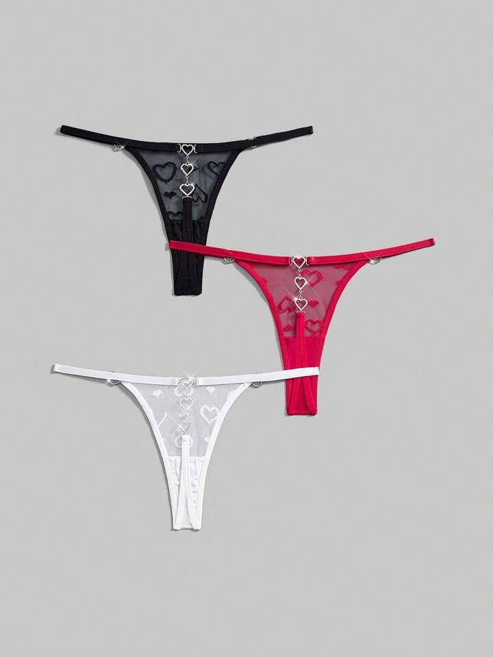 3pcs/Set Plus Size Mesh Heart Jacquard Heart Metal Buckle Thong Panties, For Valentine's Day