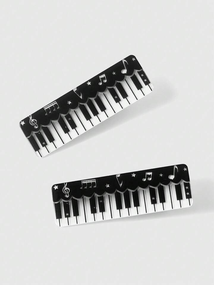 Anime 2 Cute Black And White Piano Keys Hairpins, Retro Acrylic Duckbill Clips, Daily Design Music Note Hairpins