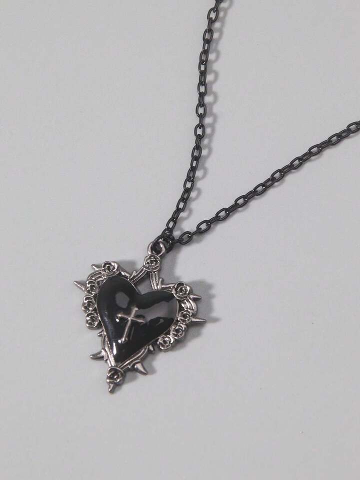 1pc Gothic Retro Dark Style Thorn Rose Cross Pendant Necklace, Holiday Party Gift