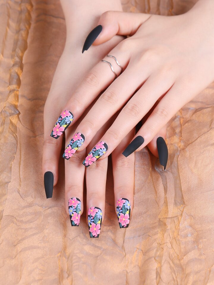 fengshangmei 24Pcs Floral Pattern Fake Nail & 1Pc Nail File & 1Sheet Tape Press On Nails Nail Supplies Nails