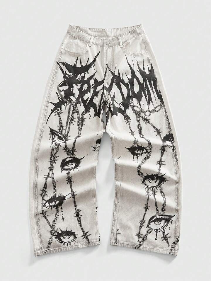 Anime Men's Contrast Color Thorns Chains Print Theme Straight Leg Jeans
