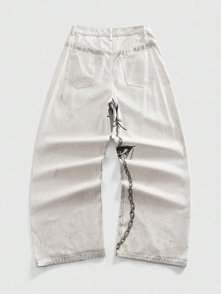 Anime Men's Contrast Color Thorns Chains Print Theme Straight Leg Jeans