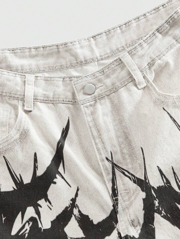 Anime Men's Contrast Color Thorns Chains Print Theme Straight Leg Jeans