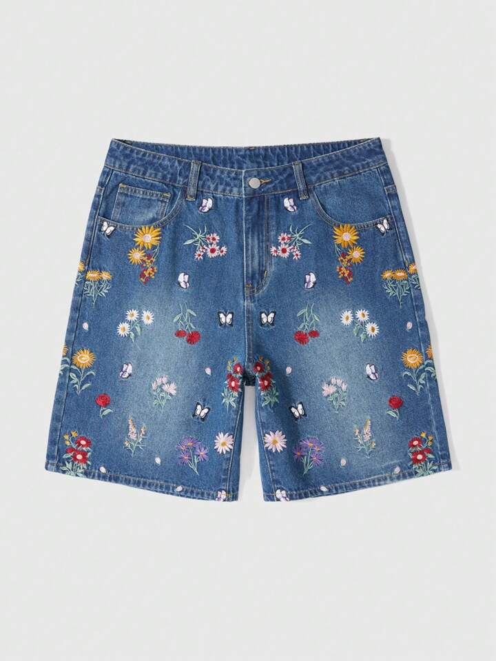 Casual Men's Floral Embroidery Pocket Relaxed Loose Denim Shorts Jorts